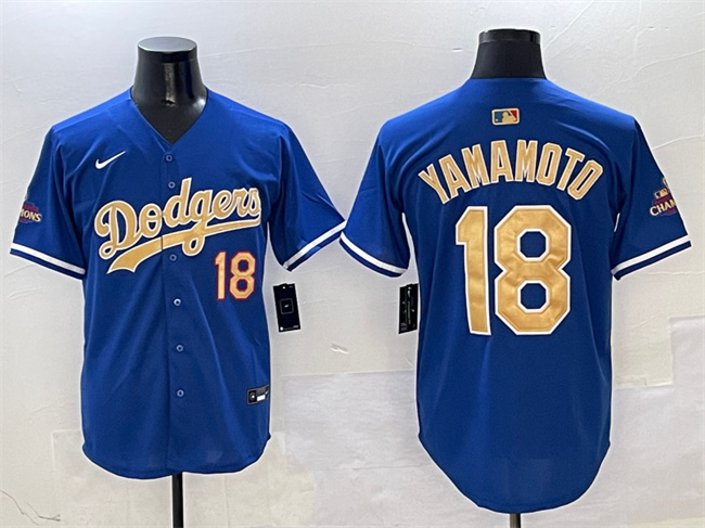 Men's Los Angeles Dodgers #18 Yoshinobu Yamamoto Royal 2025 Gold Collection Limited Stitched Baseball Jersey Men's Los Angeles Dodgers #18 Yoshinobu Yamamoto Royal 2025 Gold Collection Limited Stitched Baseball Jersey